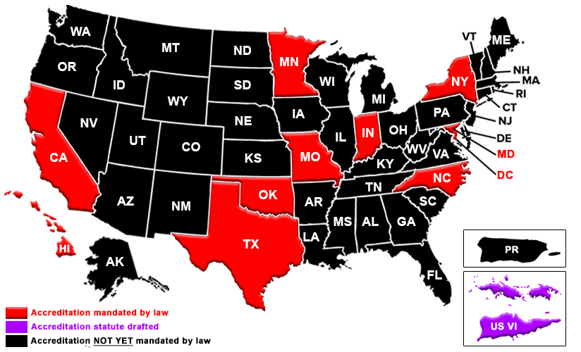 United States map showing states with mandated forensic accreditation